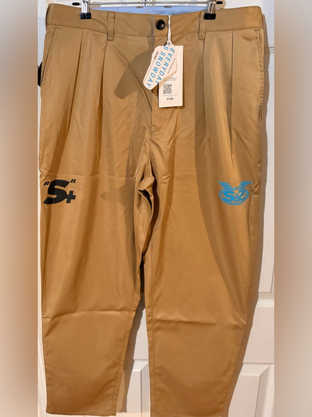 Snowday Khaki Cropped Logo Pants with Blue Accent